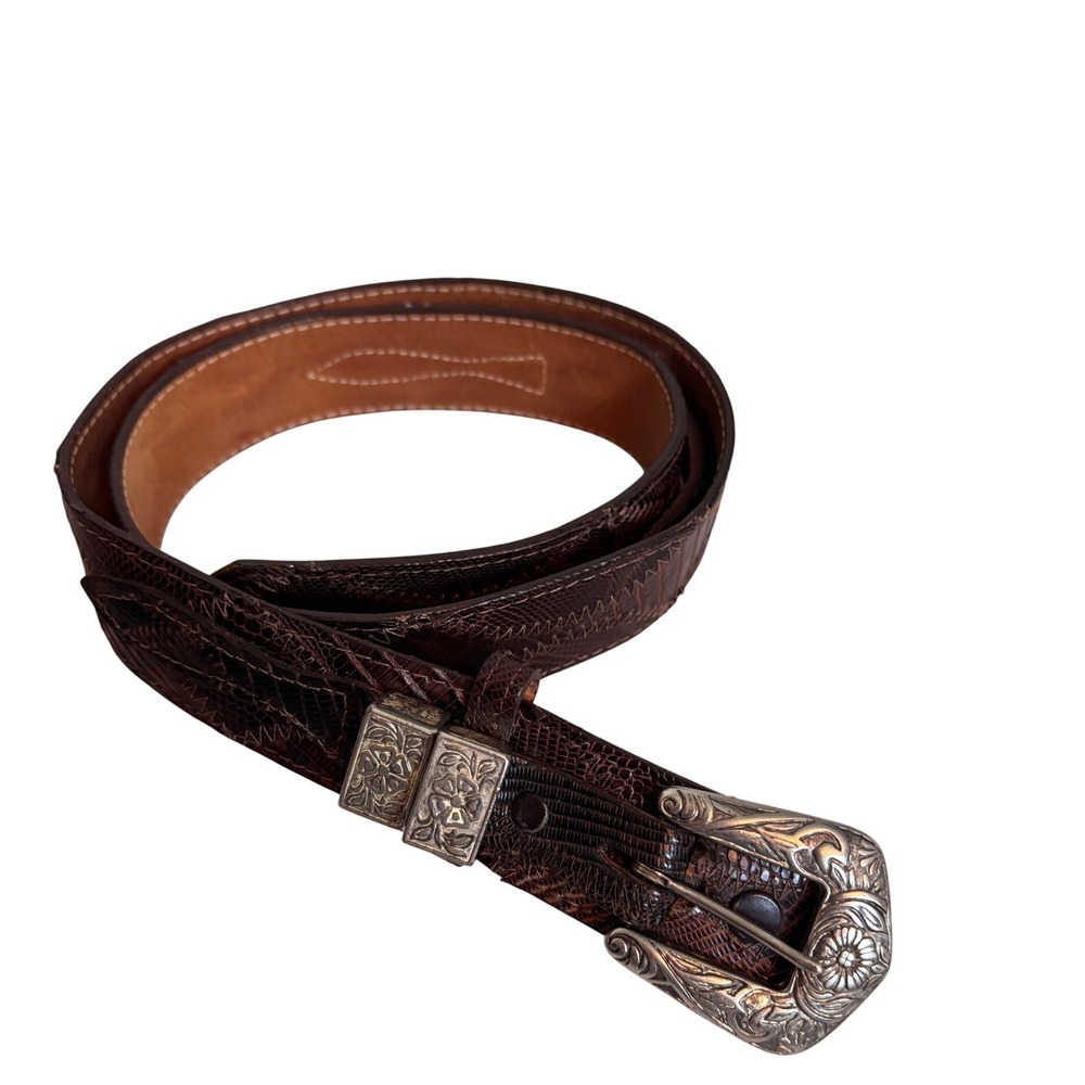 Justin Belt Women 34 Brown Good Genuine Lizard Western Floral‎ Engraved Buckle